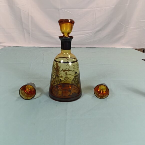 E3-7 Venetian Amber Glass Decanter and Glasses - Picture 2 of 6